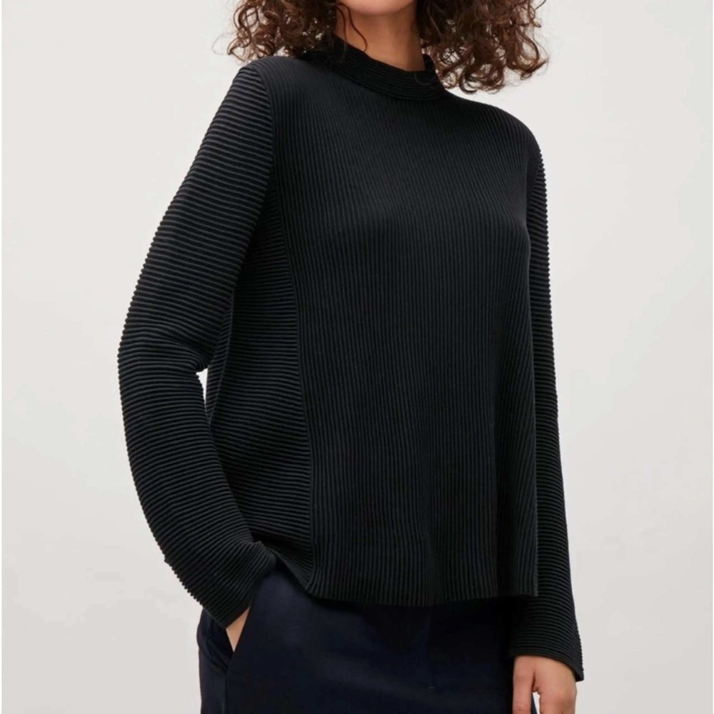 COS Ribbed Knit Mock Neck Sweater Top Black Minimalist Modern Large